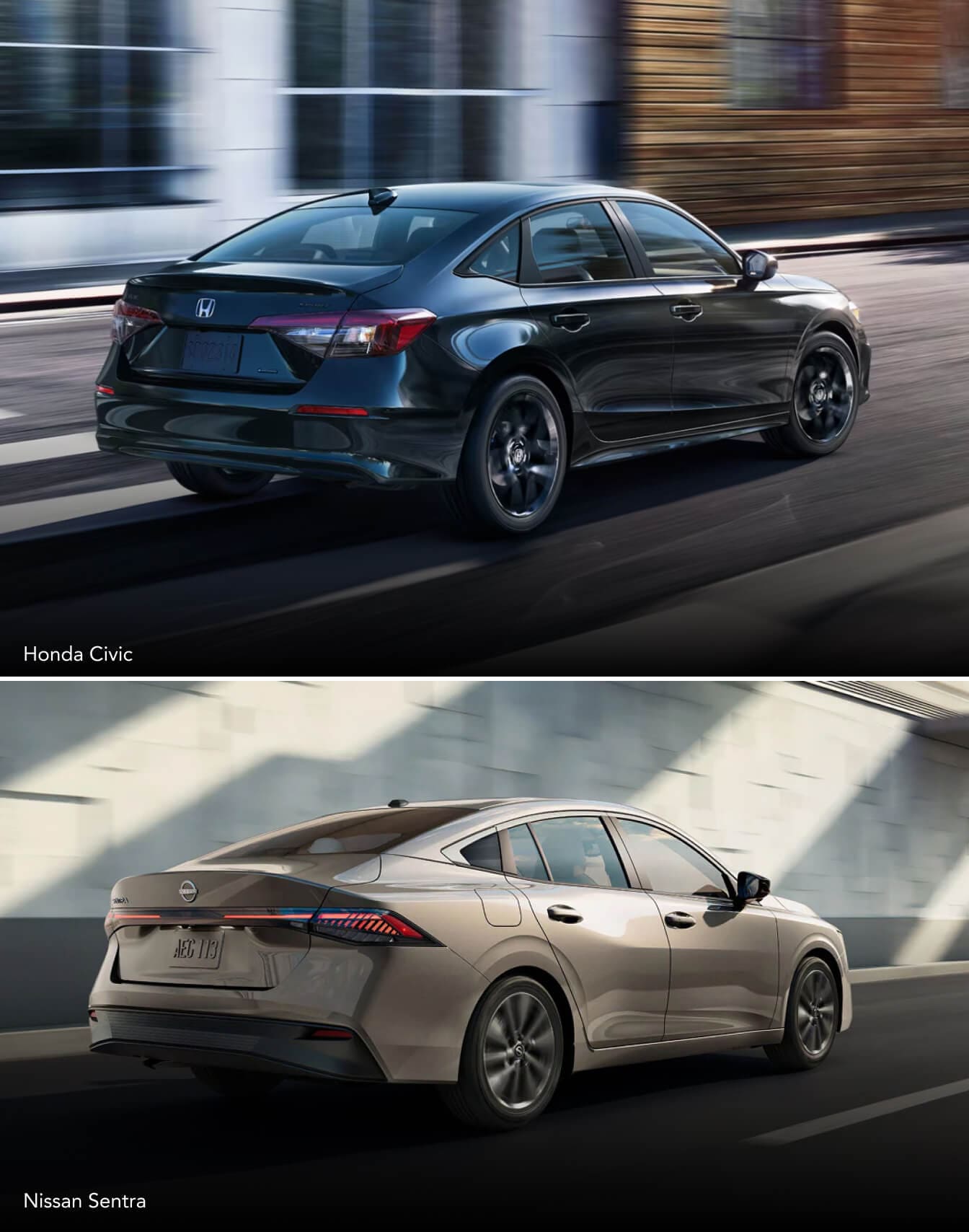 Rear view of a black Honda Civic driving along a city street. Rear view of a copper Nissan Sentra driving through a sunken freeway.