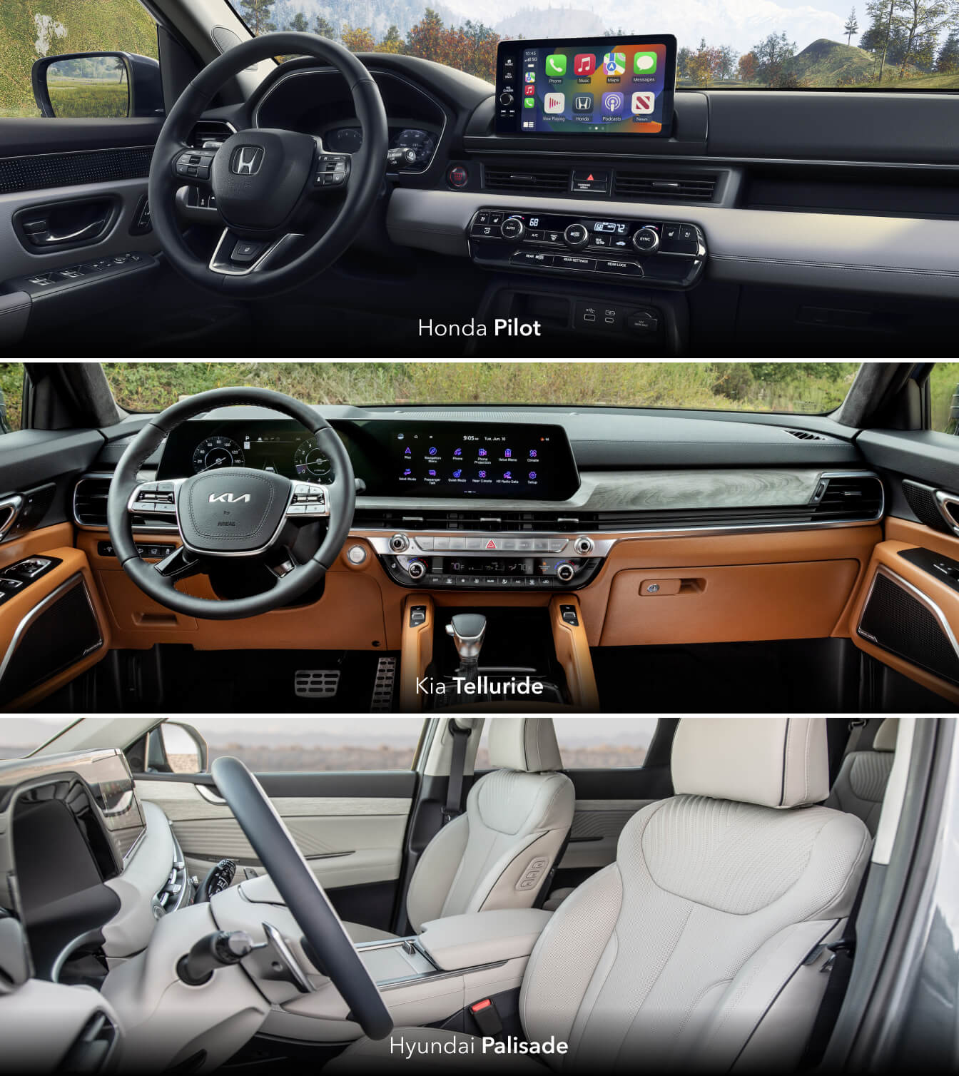 2025 Honda Pilot vs. 2025 Kia Telluride vs. 2025 Hyundai Palisade Interior