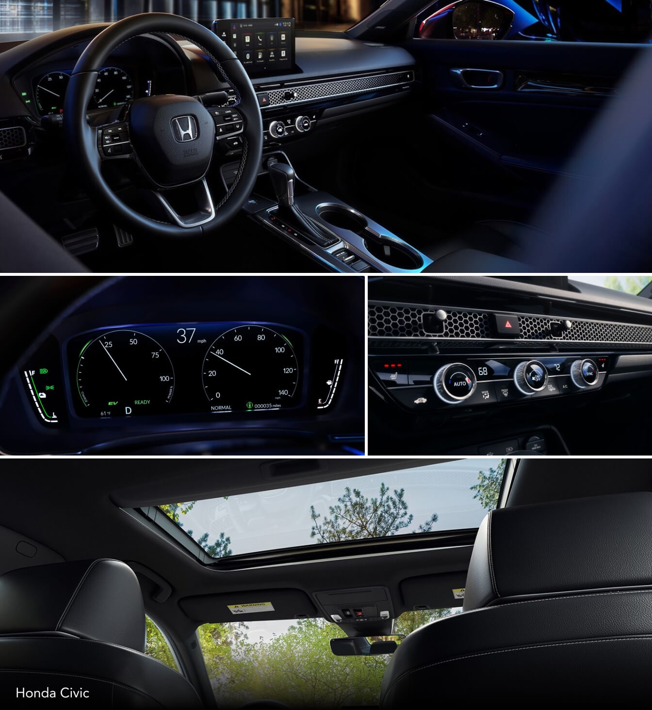 Interior detail shots of the 2026 Honda Civic technology and trim features including cockpit, instrument cluster and moonroof.