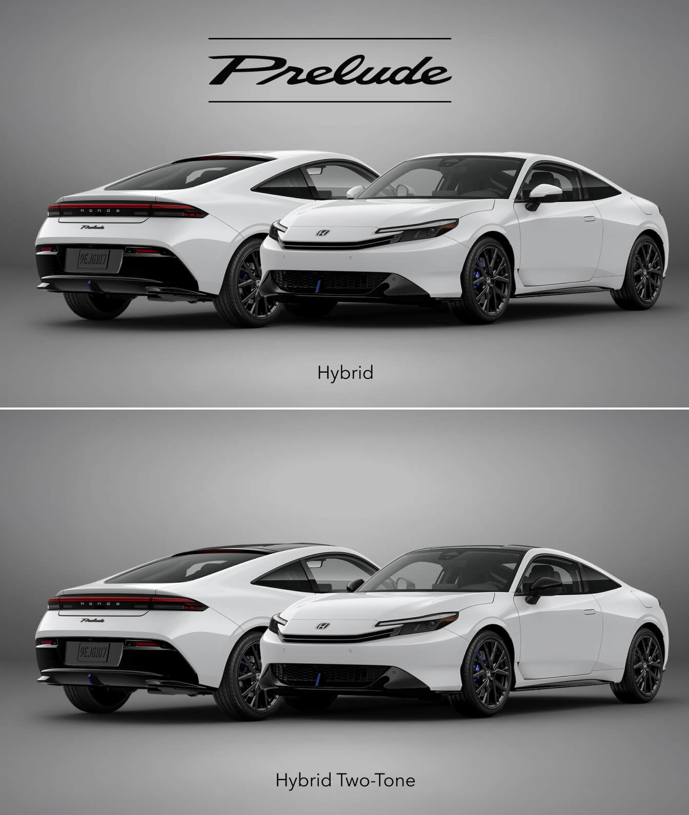 Front and rear three-quarter views of white Honda Prelude Hybrid and Two-Tone models on grey background.