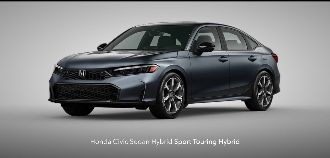 A sleek 2026 Honda Civic Sedan Hybrid Sport Touring is shown against a light gray background.