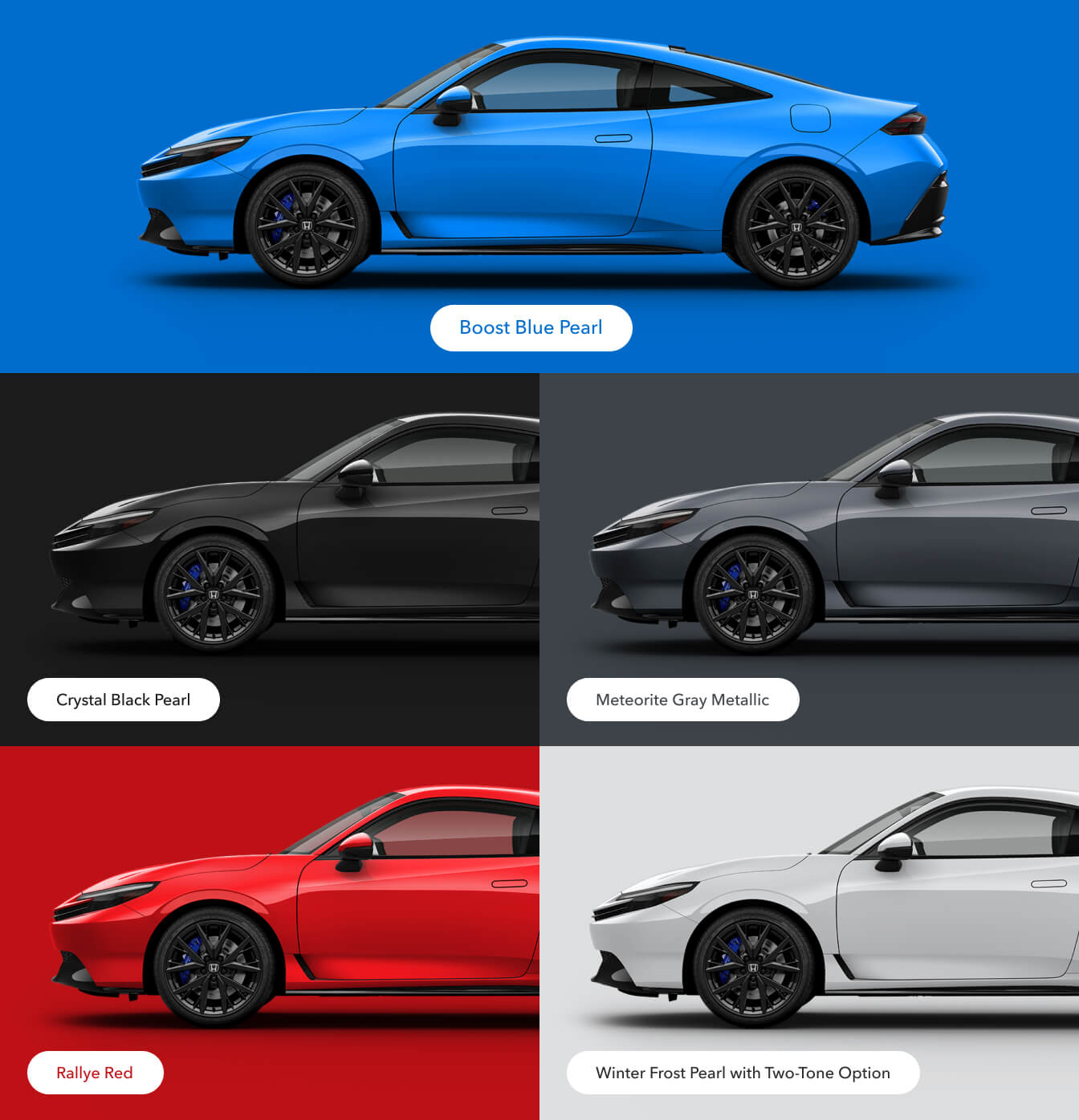 Collage of side profile views of Honda Prelude Hybrid colors in blue, black, gray, red, and white on solid backgrounds.