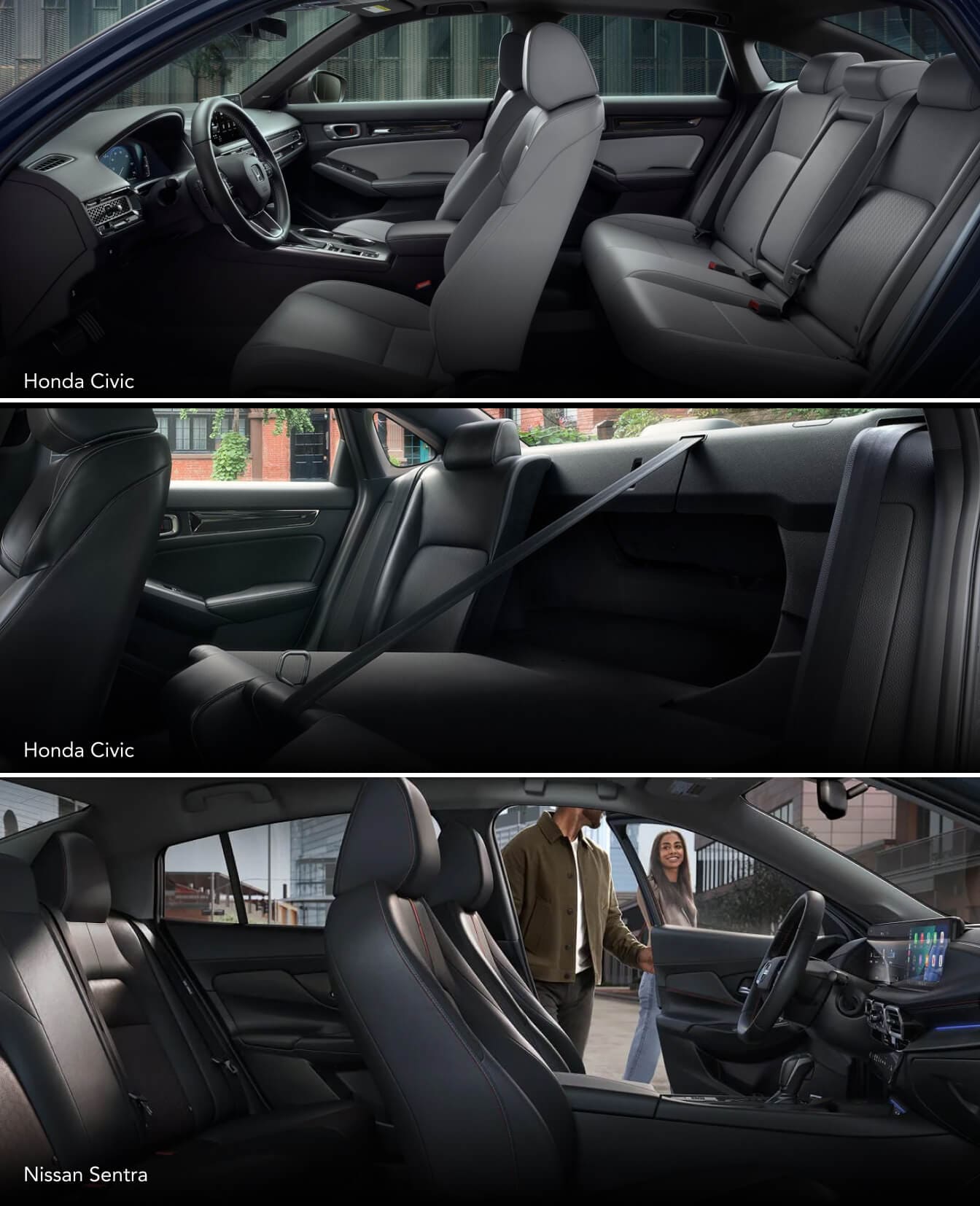 Interior perspective shots showing the cargo and seating space of a 2026 Honda Civic and a 2027 Nissan Sentra.