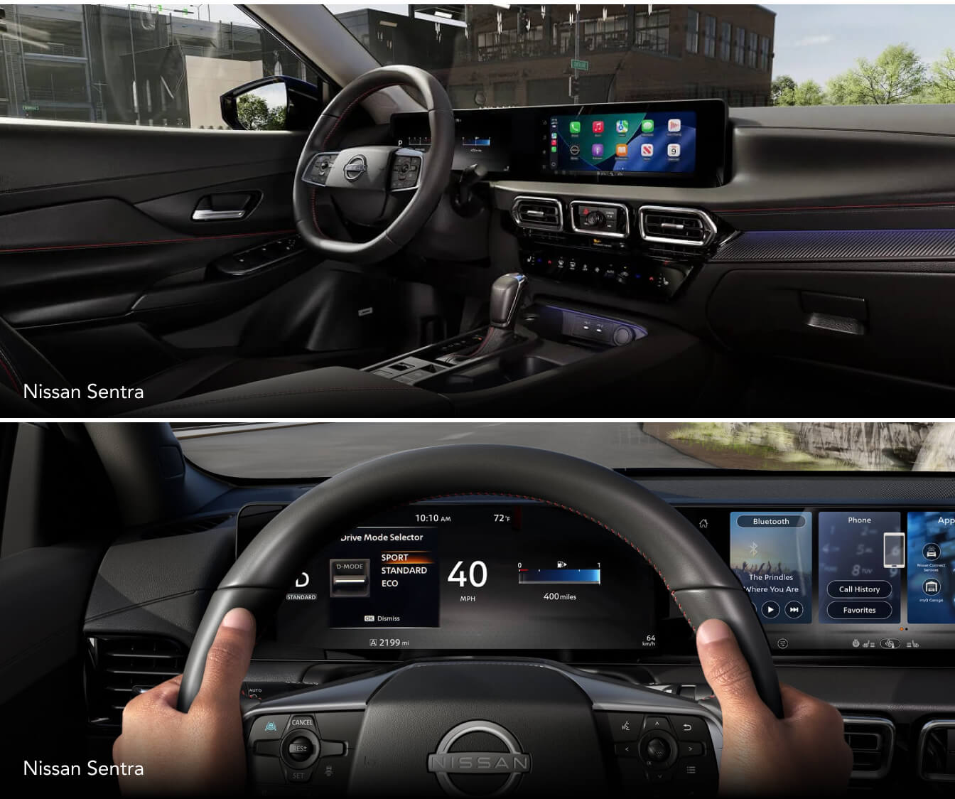 Interior detail shots of the 2027 Nissan Sentra technology and trim features including cockpit and digital gauges.