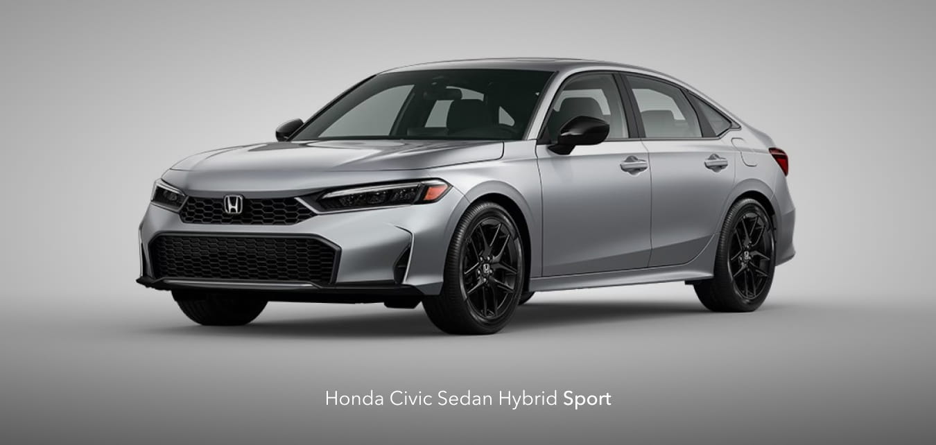 2026 Honda Civic Sedan Hybrid Sport with sleek lines against a light gray background.