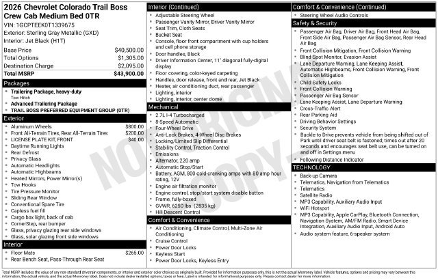New 2026 Chevrolet Colorado Trail Boss Truck