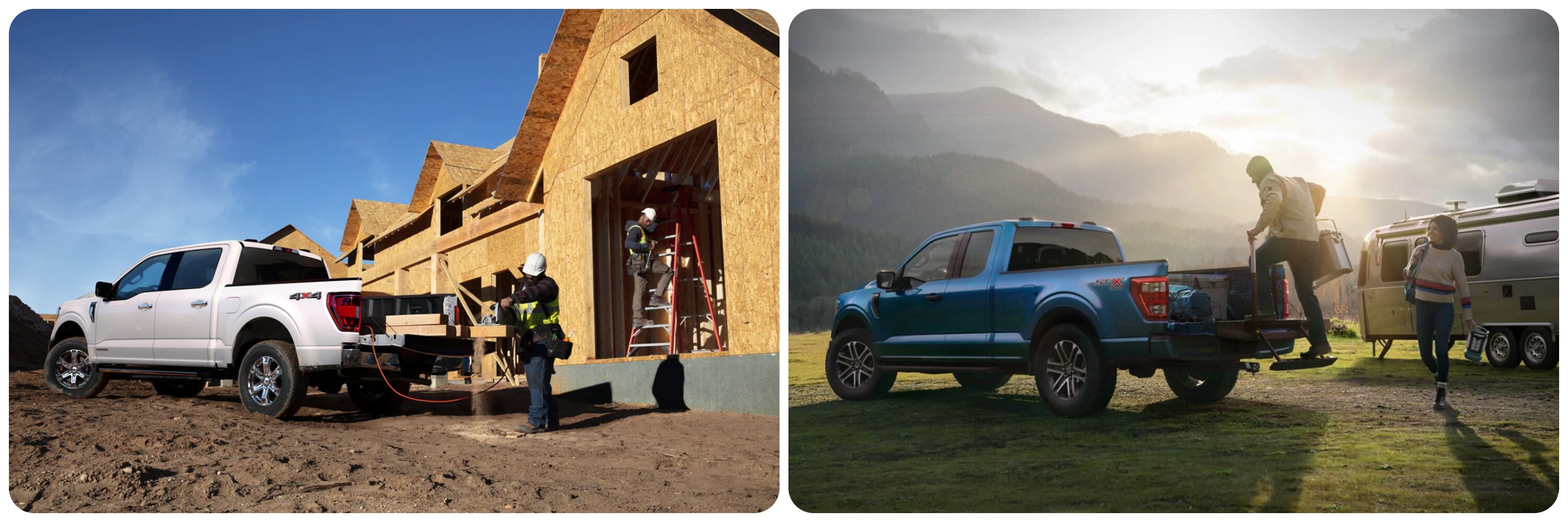 On the left a white 2022 Ford F-150 sits parked at a construction site as a man cuts lumber off the bed of the truck. On the right, a blue 2021 Ford F-150 is parked in a field as a man loads camping gear into the bed.