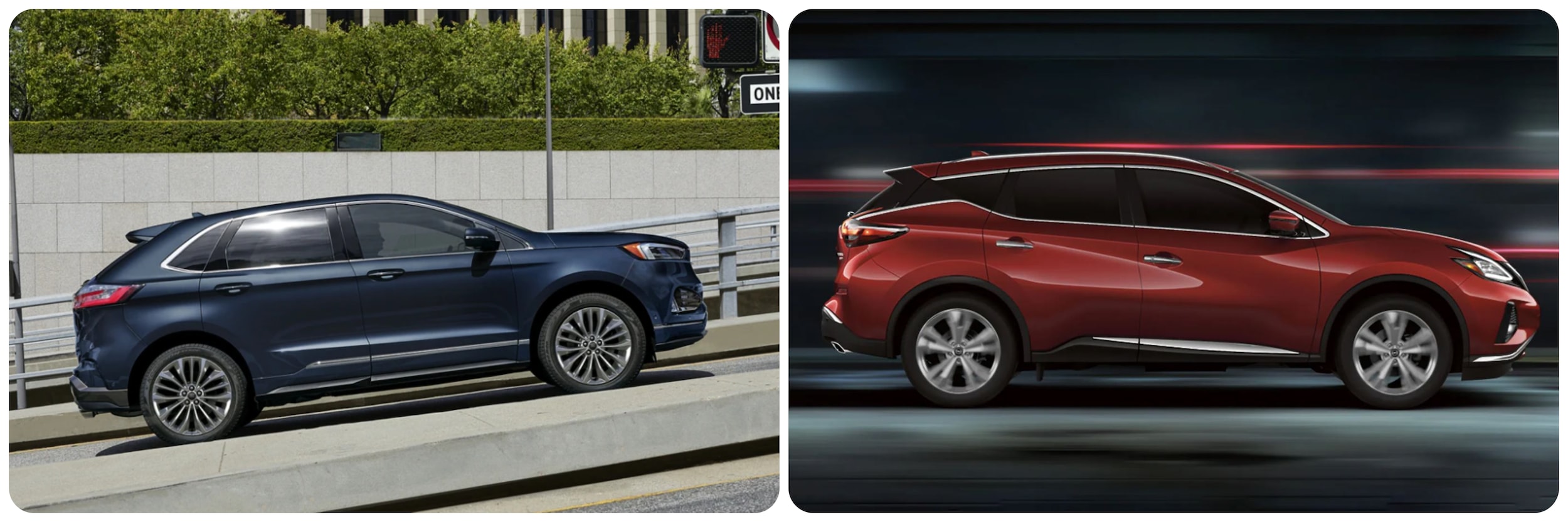 On the left we have a 2023 Ford Edge in dark blue taken from a profile view, on the right we have a red 2023 Nissan Murano also from a profile view. 
