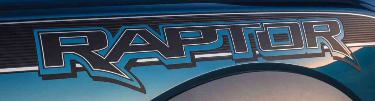 Ford Raptor decal on the side of a blue 2019 Ford Raptor truck