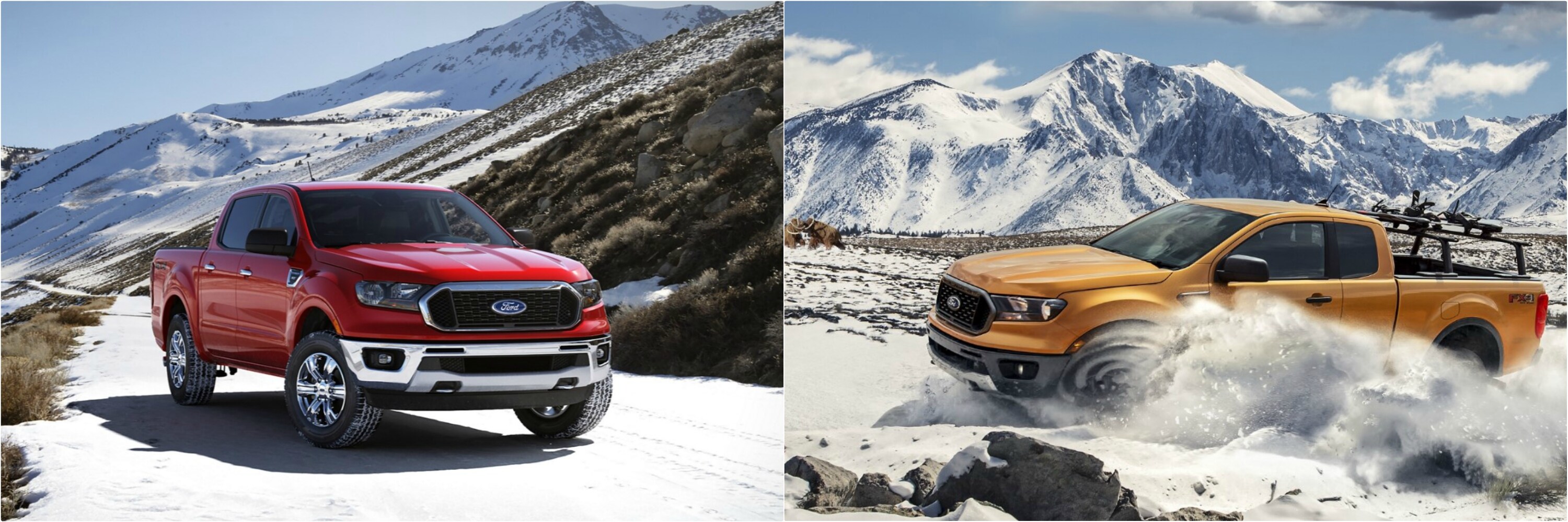 A red 2021 Ford Ranger parked on a snowy mountain road alongside an orange 2020 Ford Ranger driving fiercely in the snow