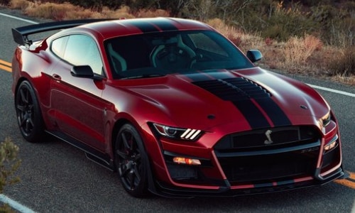 2020 Ford Mustang Shelby GT 500 red black stripes desert country road