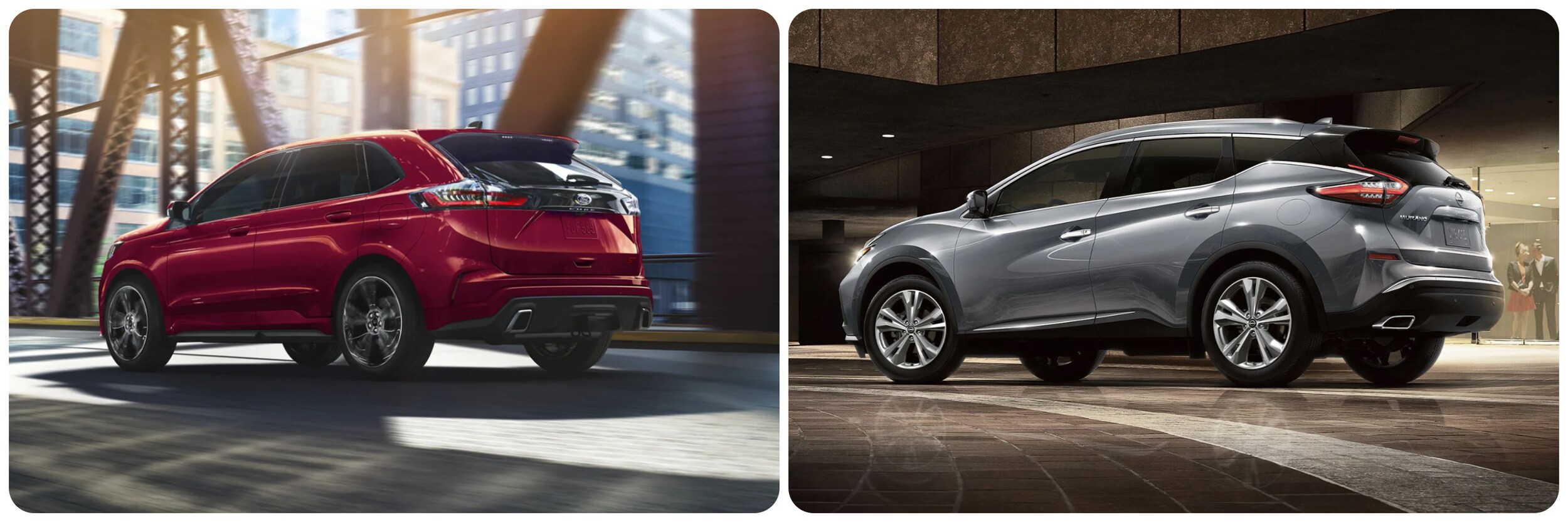 A view of the back profile of a 2023 Ford Edge, and a back profile of a 2023 Nissan Murano.