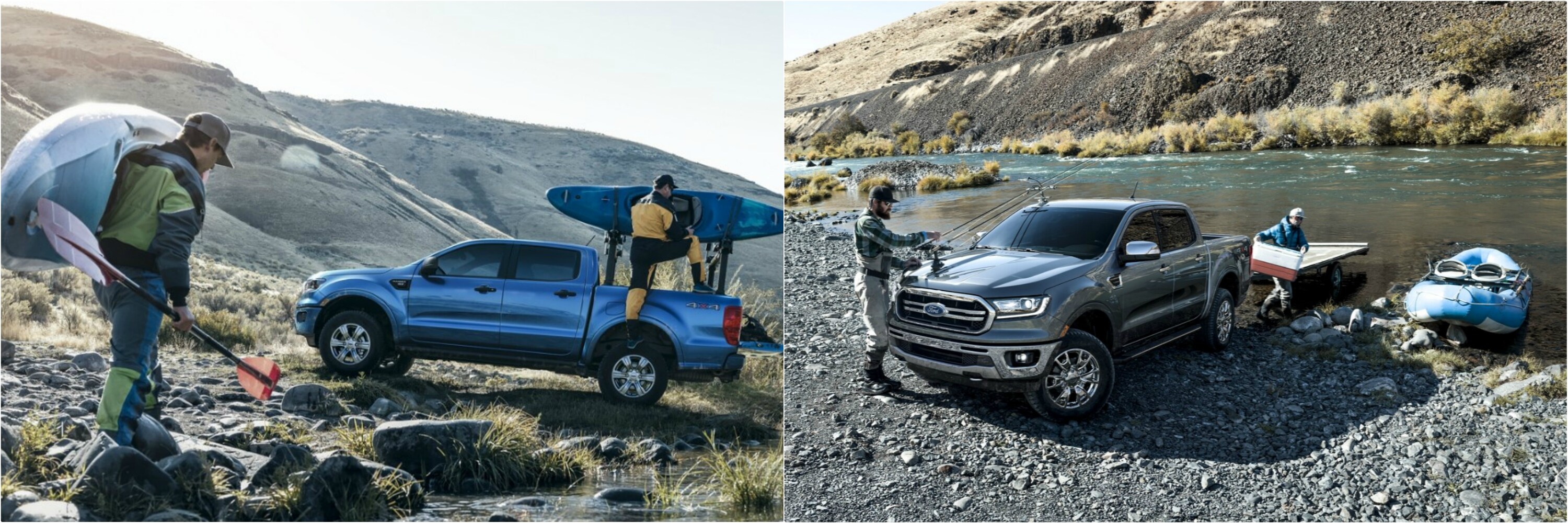 Two men load kayaks in a 2020 Ford Ranger alongside a 2021 Ford Ranger towing small boats in rugged terrain
