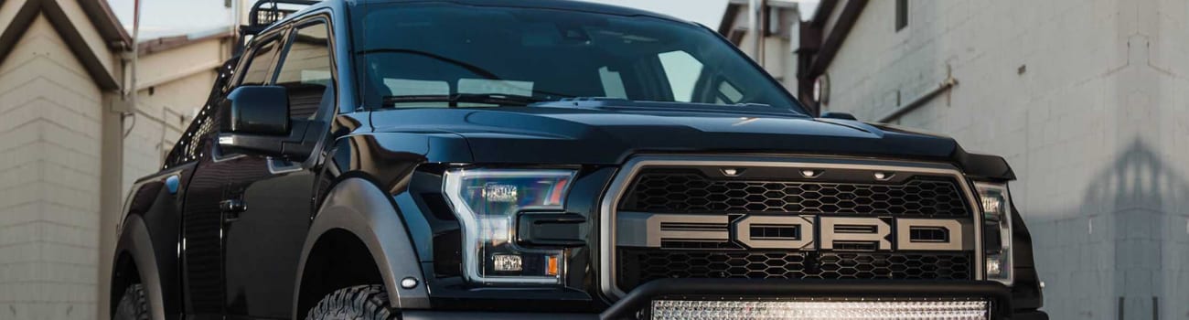 Close up view of the front grille on a 2020 Ford Raptor design