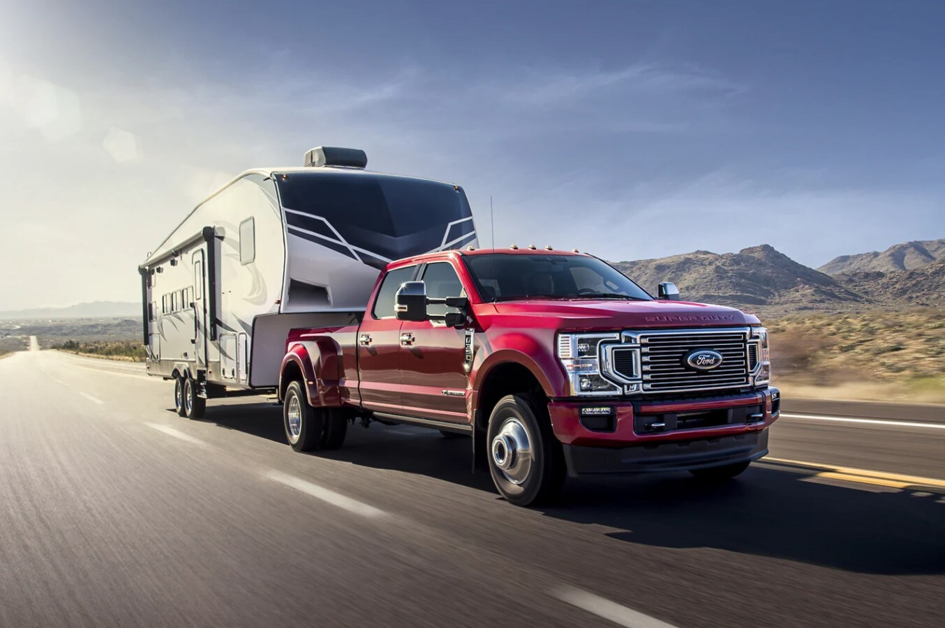 A new Ford Super Duty towing a trailer