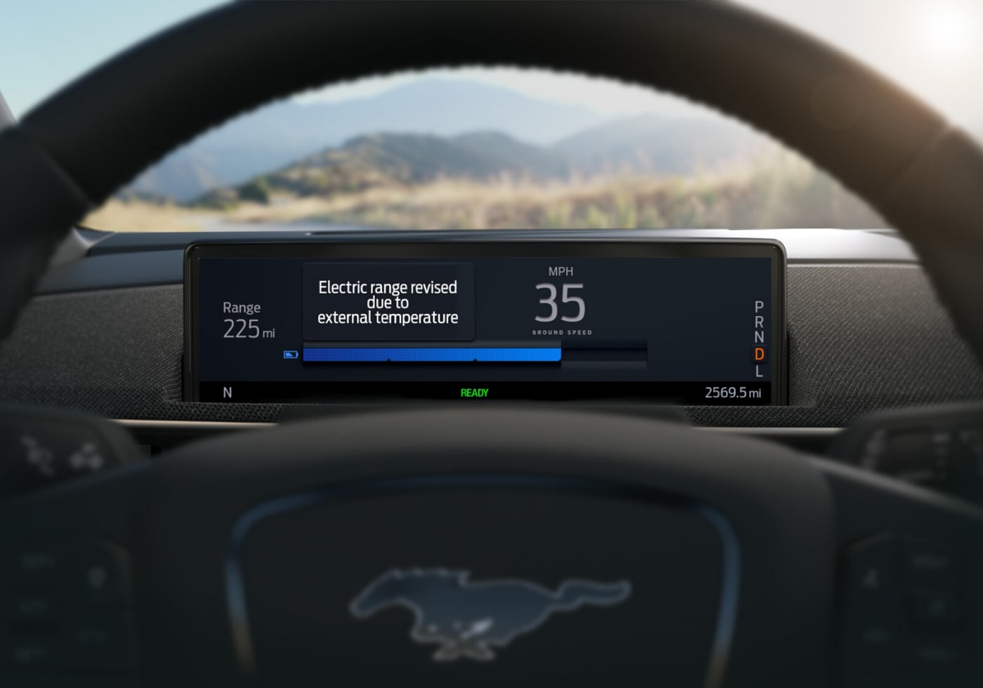 The Intelligent Range predictive technology instrument cluster view included inside the 2021 Ford Mustang Mach-E