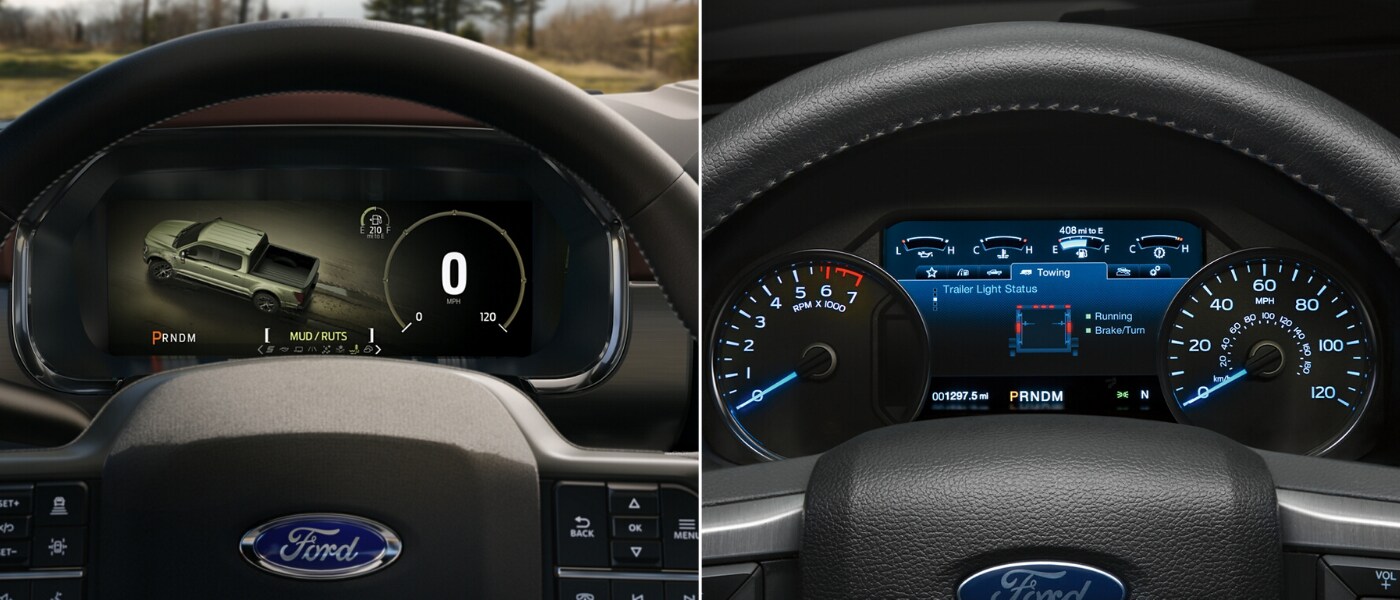 The fancy new digital instrument cluster panel behind the steering wheel inside the 2021 Ford F-150 compared to the instrument cluster seen inside the 2020 Ford F-150