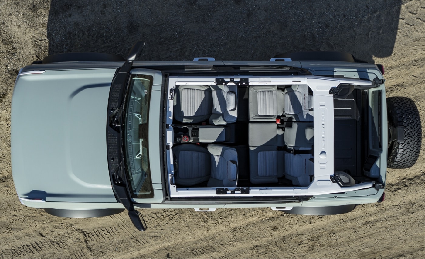 Aerial view of a 2021 Ford Bronco 4-door with every section of the roof removed