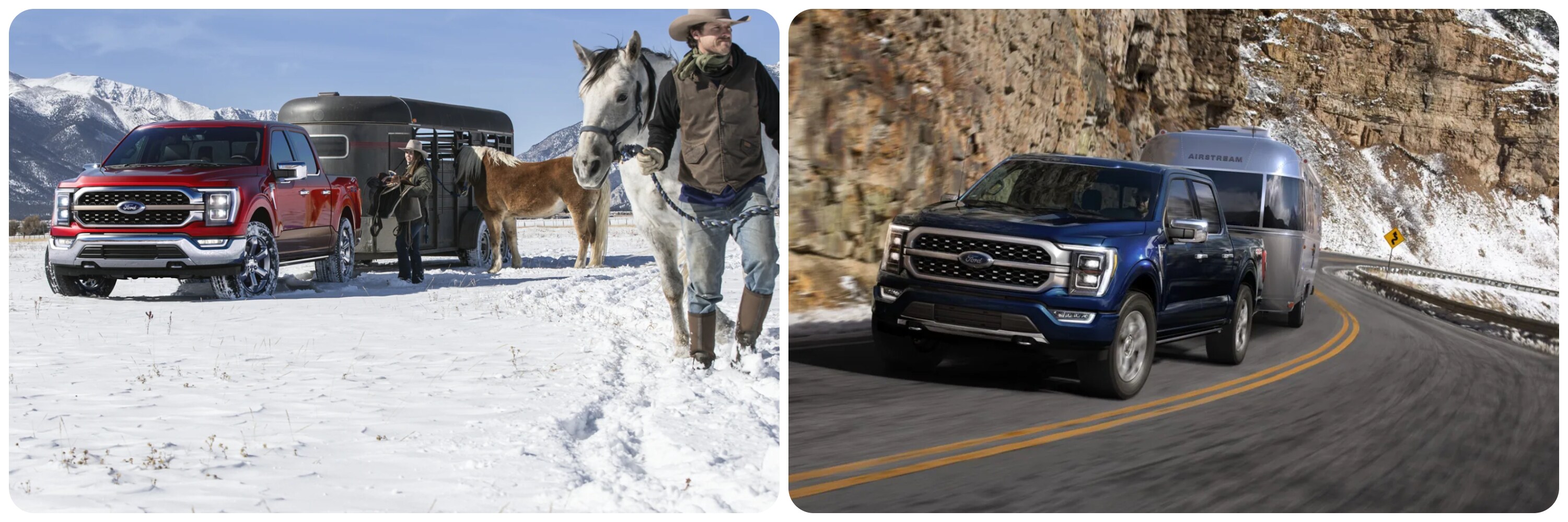 On the left a red 2022 Ford F-150 sits parked in a snowy field as the horse trailer it is towing is unloaded.  On the right a blue 2021 Ford F-150 takes a curvy mountain road while towing an airstream