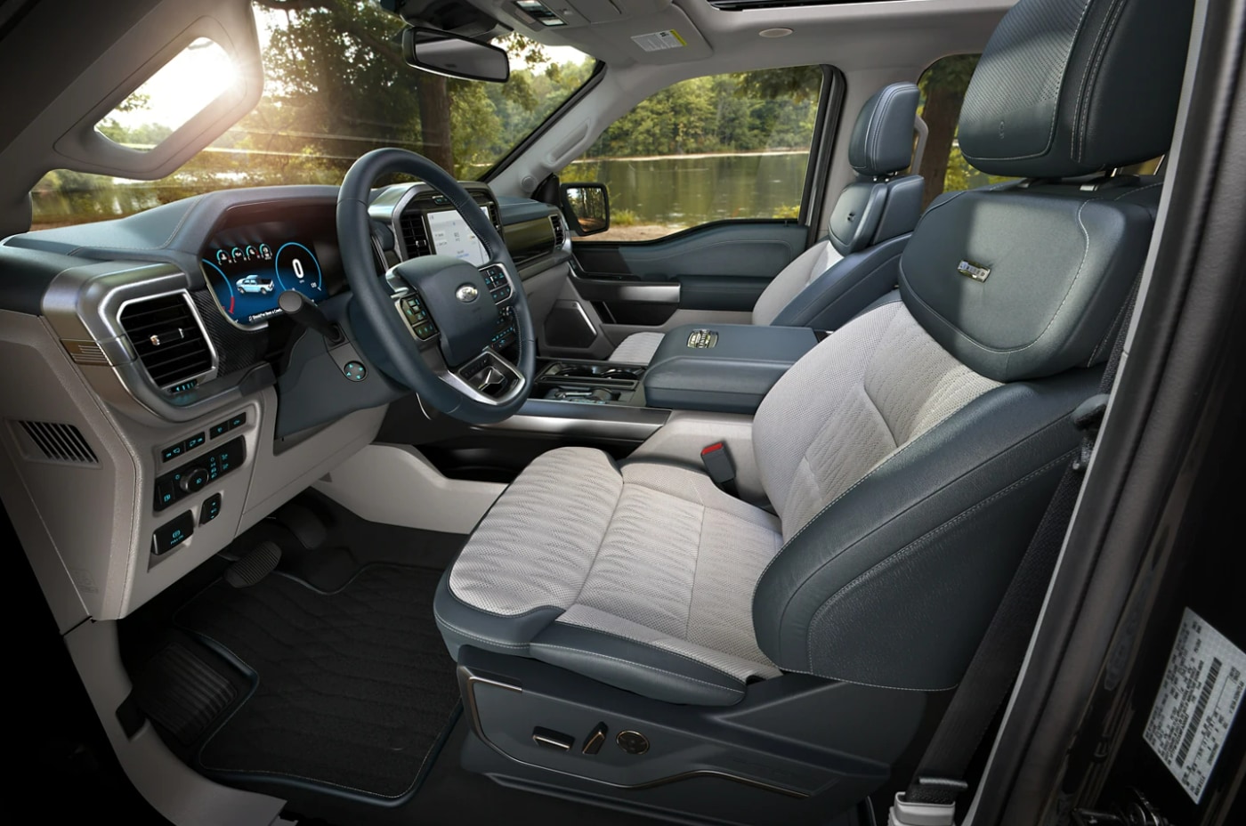 The interior cabin and seating of a 2023 Ford F-150 Hybrid