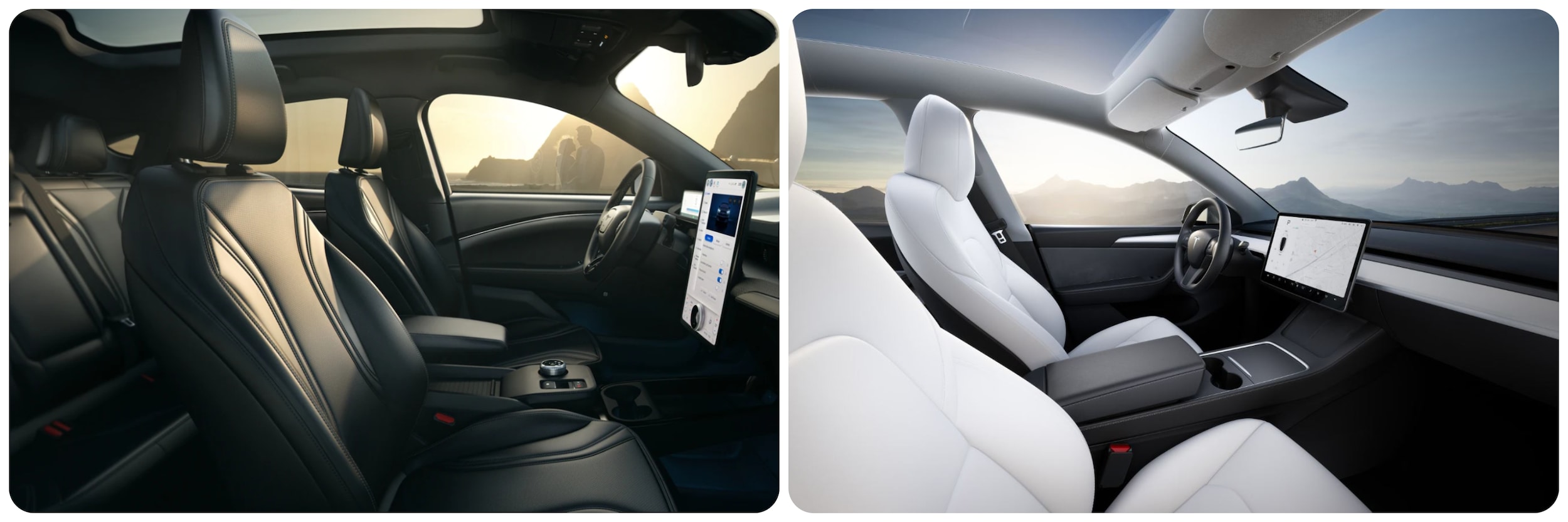 On the left is an interior view of the 2023 Mustang Mach-E, on the right is a interior view of a Tesla Model Y