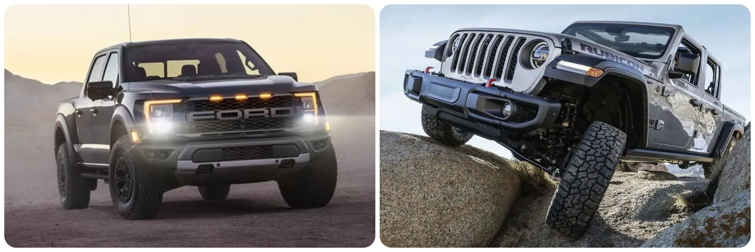 A front view of the 2023 Ford F-150 Raptor on the left and the 2023 Jeep Gladiator on the right.