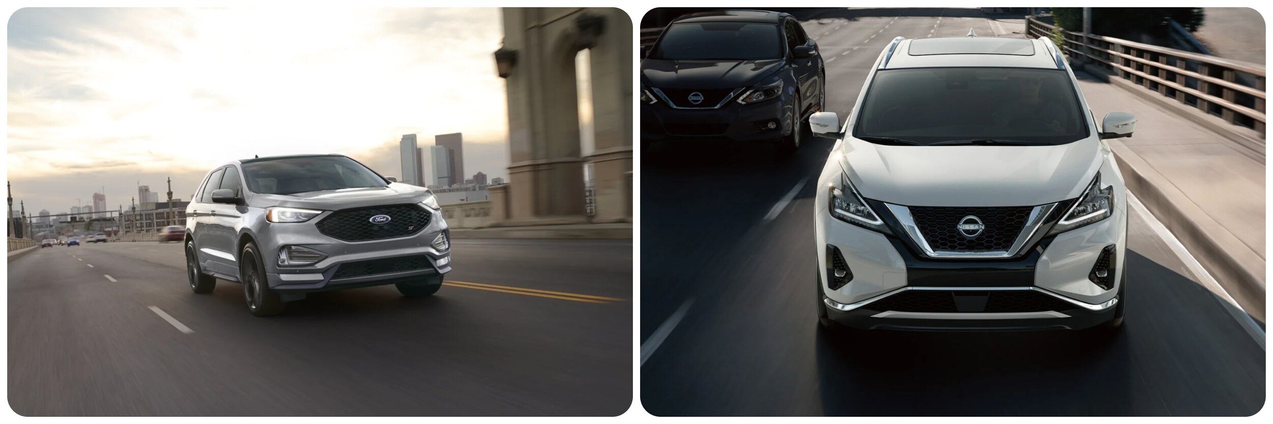 On the left there is a front profile view of a 2023 Ford Edge, and on the right is a front profile view of a 2023 Nissan Murano. 