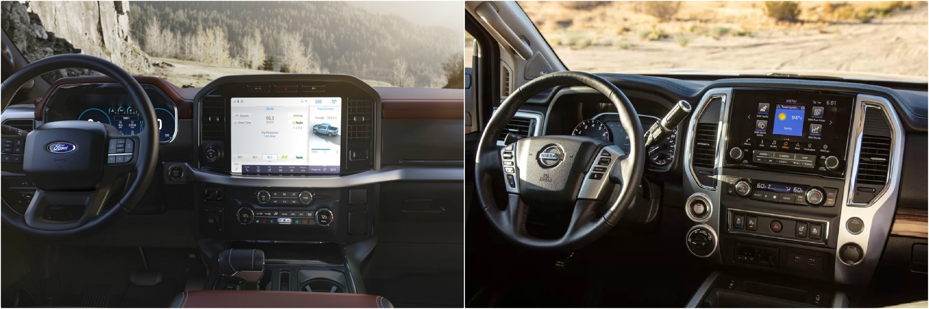 A glimpse of the interior dashboard of a new 2021 Ford F-150 next to the new Nissan Titan