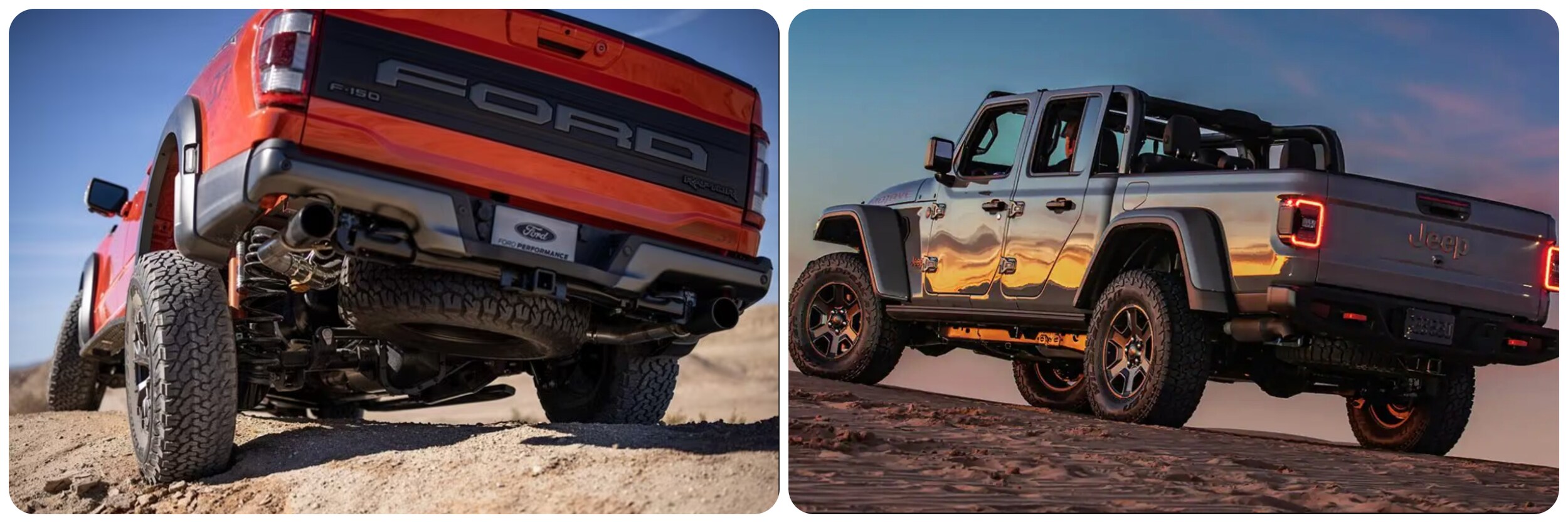 A view of the truck beds of the 2023 Ford F-150 Raptor and the 2023 Jeep Gladiator