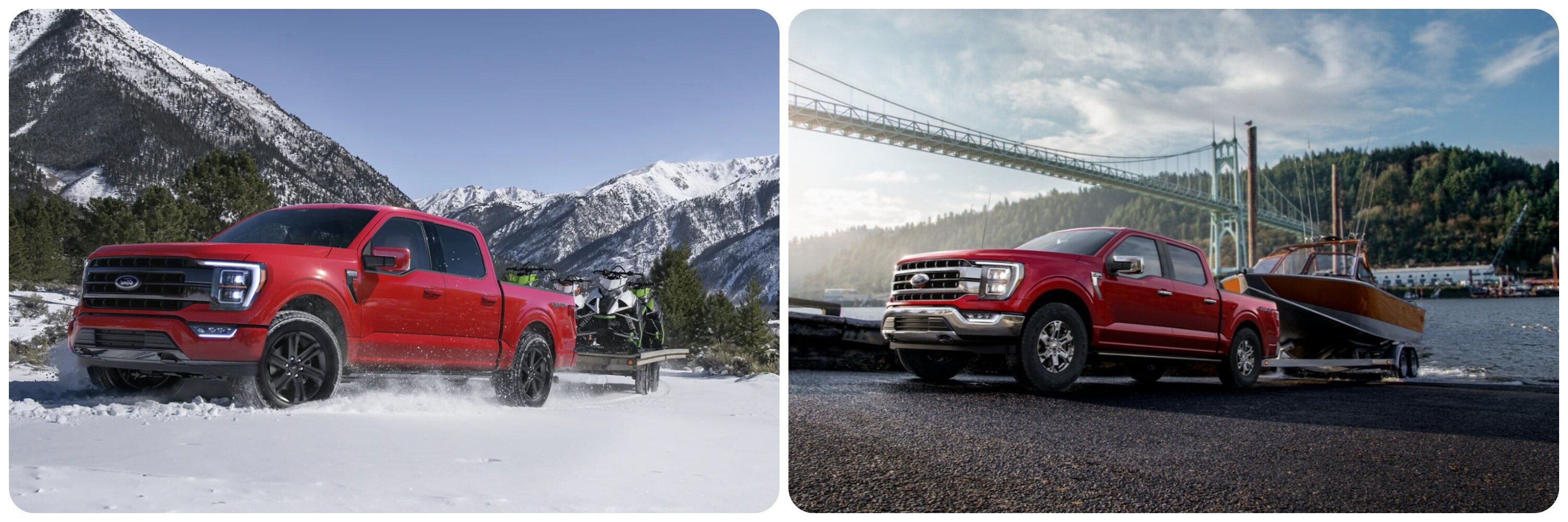 On the right, a red 2022 Ford F-150 drives through a snowy mountain field hauling snowmobiles behind. On the right a red 2021 Ford F-150 is dropping a speedboat off in a lake.