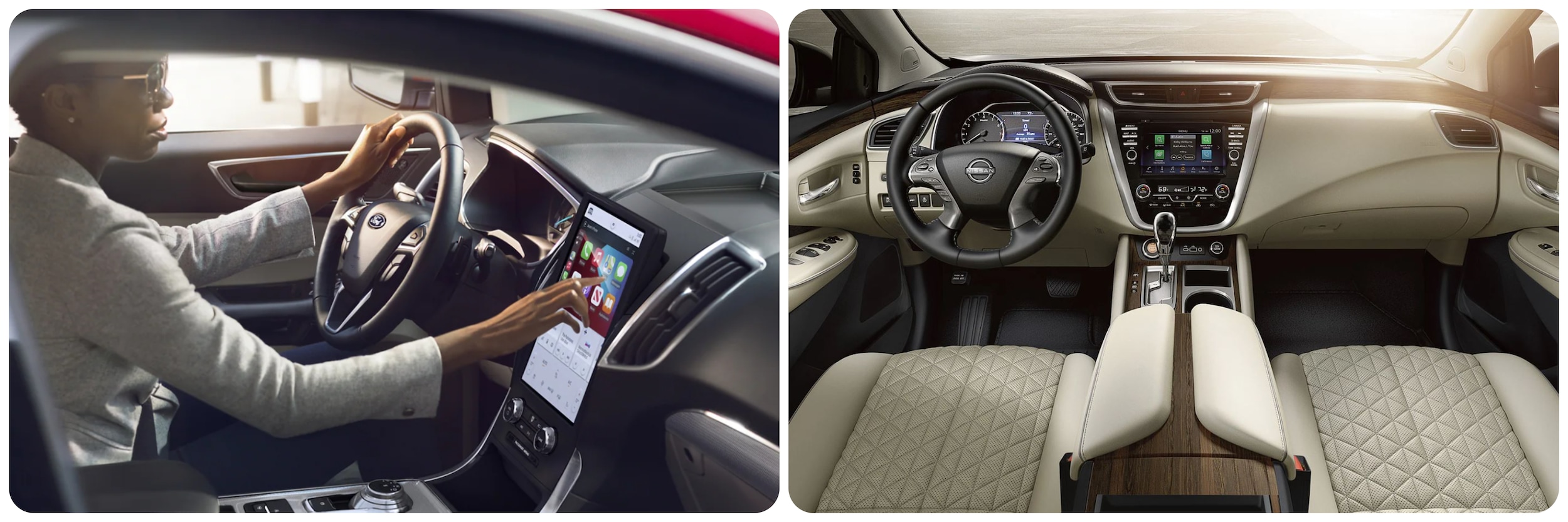 A view of the dash and entertainment system of a 2023 Ford Edge, and on the right is a view of the dash and entertainment system of a 2023 Nissan Murano.