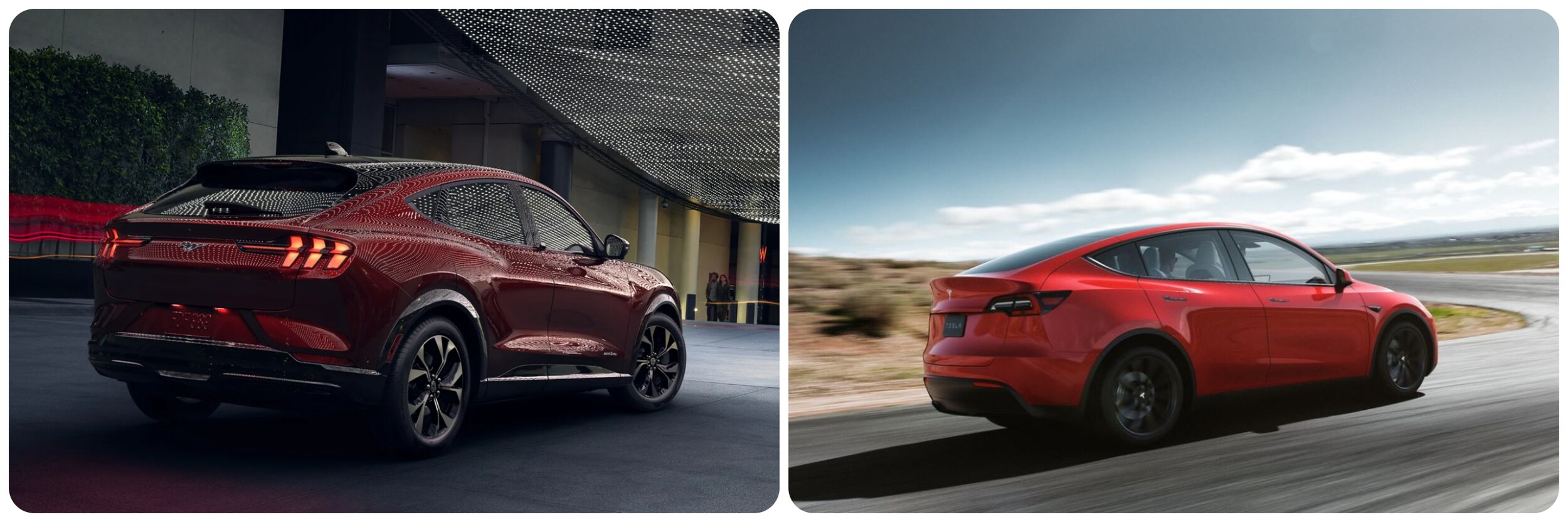 On the left is a rear profile of the Ford Mustang Mach-E, on the right is a rear profile of the Tesla Model Y