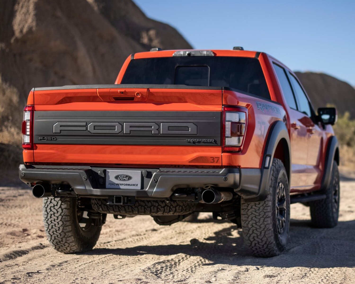 Fresh, rear exterior design of the new 2021 Ford Raptor off-road truck