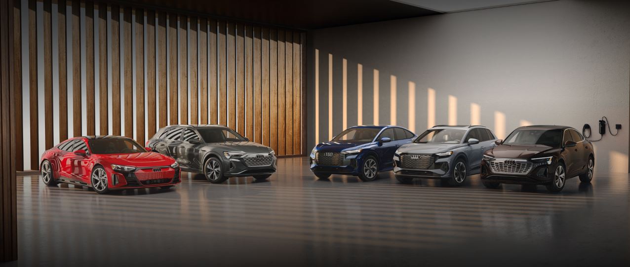 The lineup of Audi e-tron family lined up next to each other.