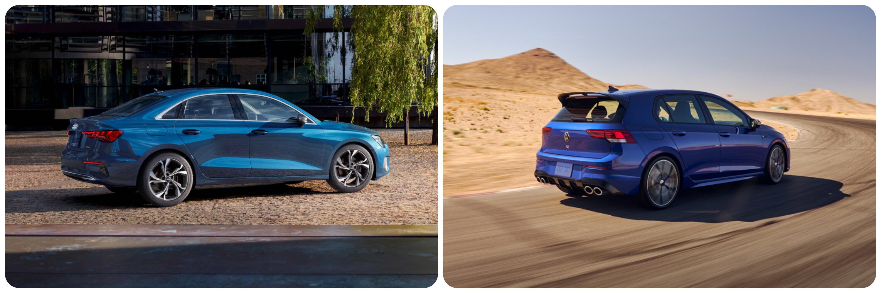 On the left an angled profile view of a bright blue 2022 Audi A3 as it sits parked in front of a house showing off the profile and rear of the vehicle. On the right an indigo blue 2022 Volkswagen Golf-R takes a curve in the road in a desert, showing off the profile and hatchback of the car as it drives by.