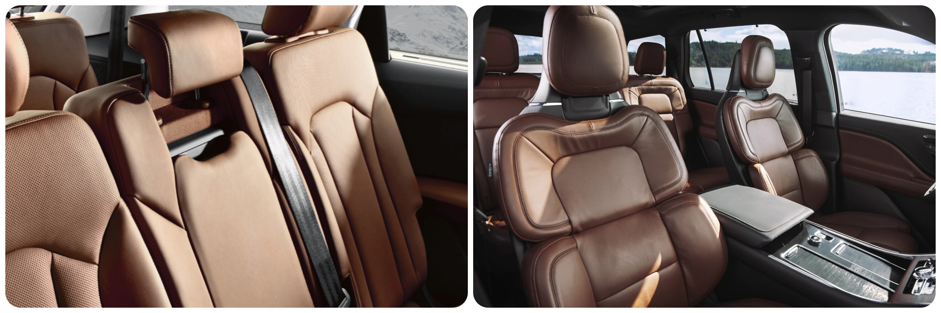 On the left a view of the second row of camel colored leather upholstered 2022 Audi Q7.  On the right, a view of the front seats upholstered in camel leather of the 2022 Lincoln Aviator.