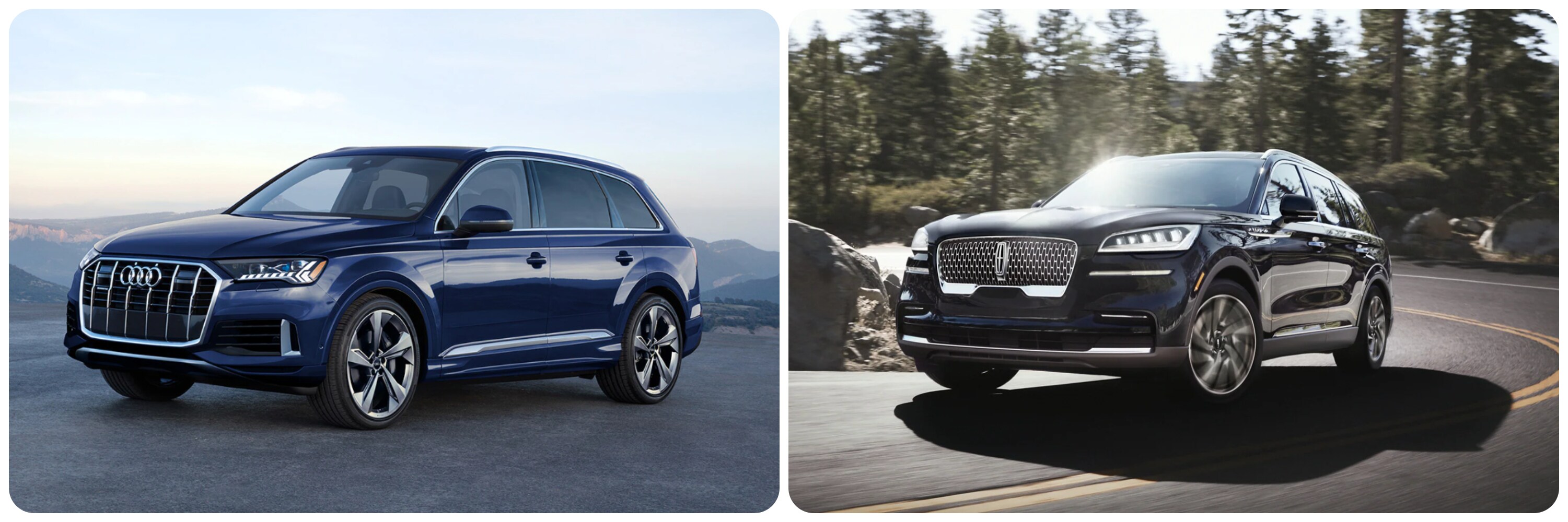 On the left an angled view showing the profile and front of a parked dark blue 2022 Audi Q7 with mountains in the distance. On the right, a black 2022 Lincoln Navigator takes a bend in the road as it drives up a mountain on a sunny day.