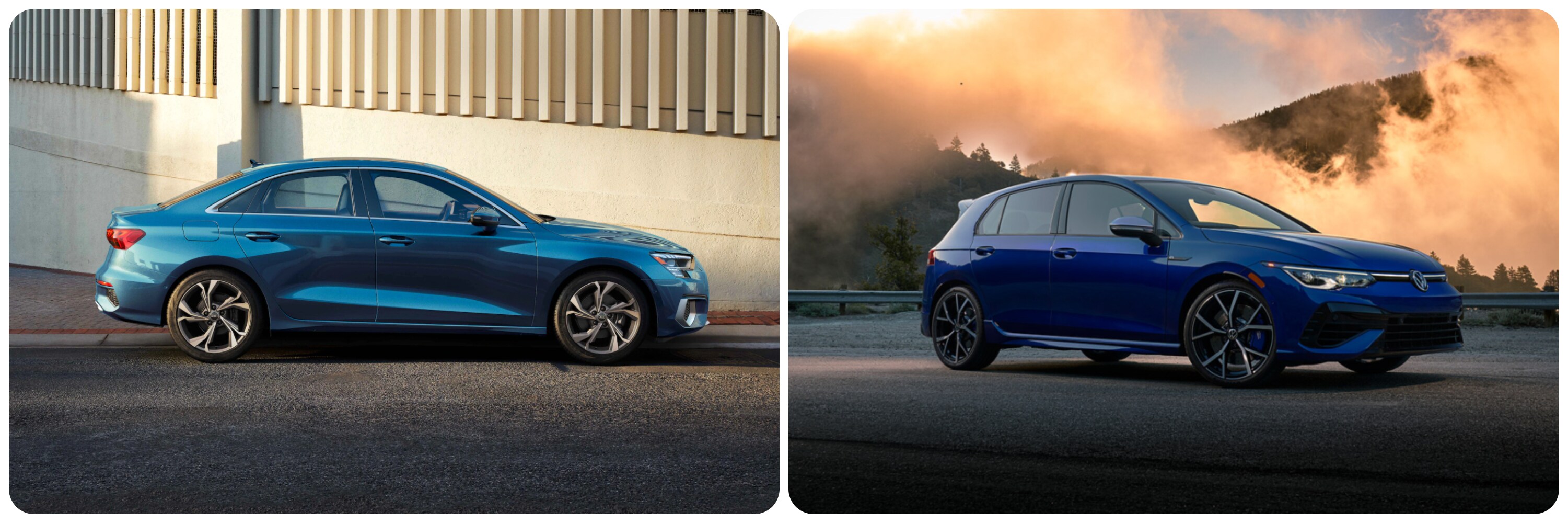 On the left a profile view of a bright blue 2022 Audi A3 as it sits parked on a city street on a sunny day.  On the right, a deep indigo 2022 Volkswagen Golf-R sits parked on a mountain road with the morning sun burning off the morning fog from the mountains in the background.
