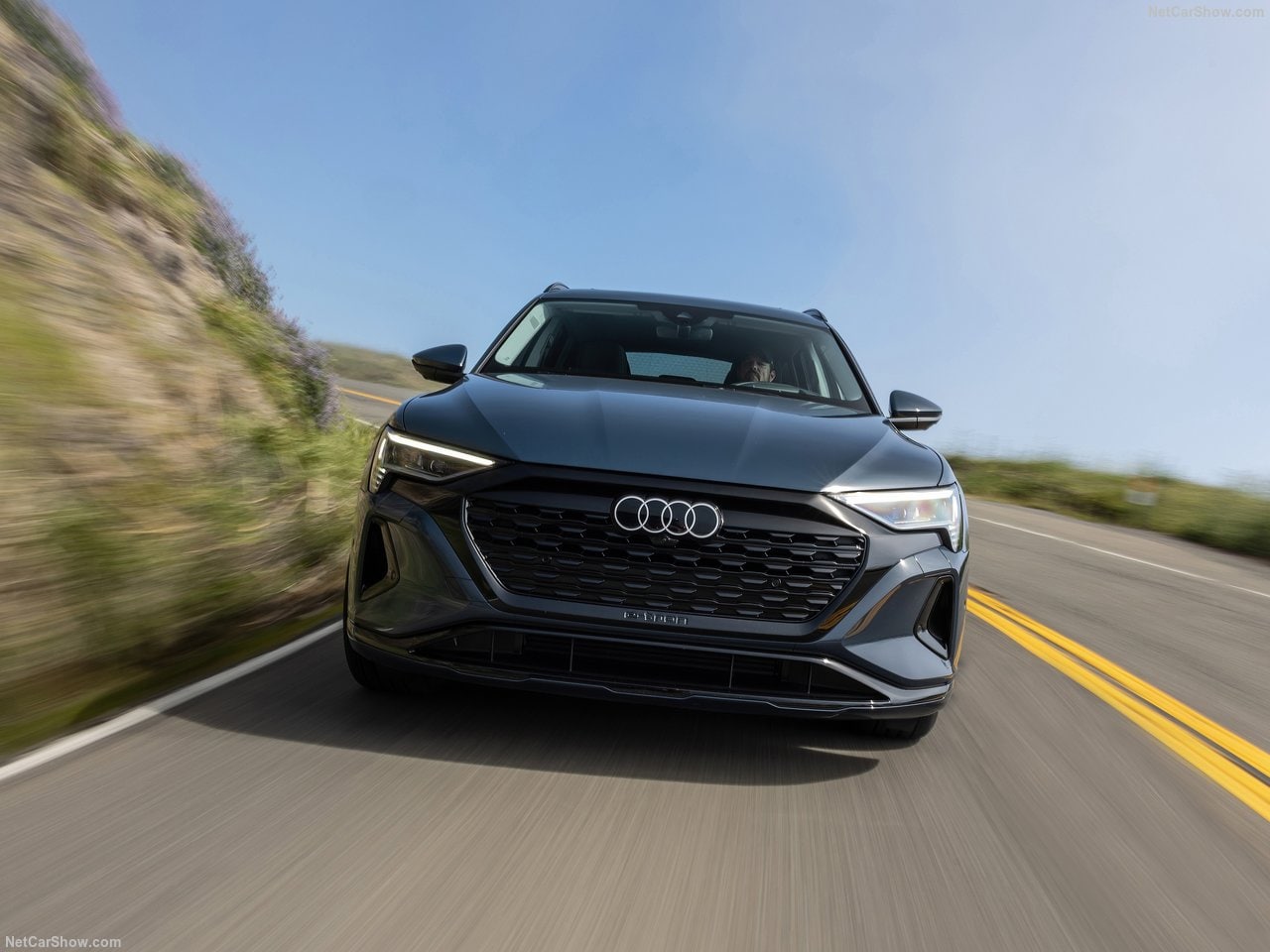 Front view of the 2023 Audi Q8 e-Tron as it drives towards the viewer