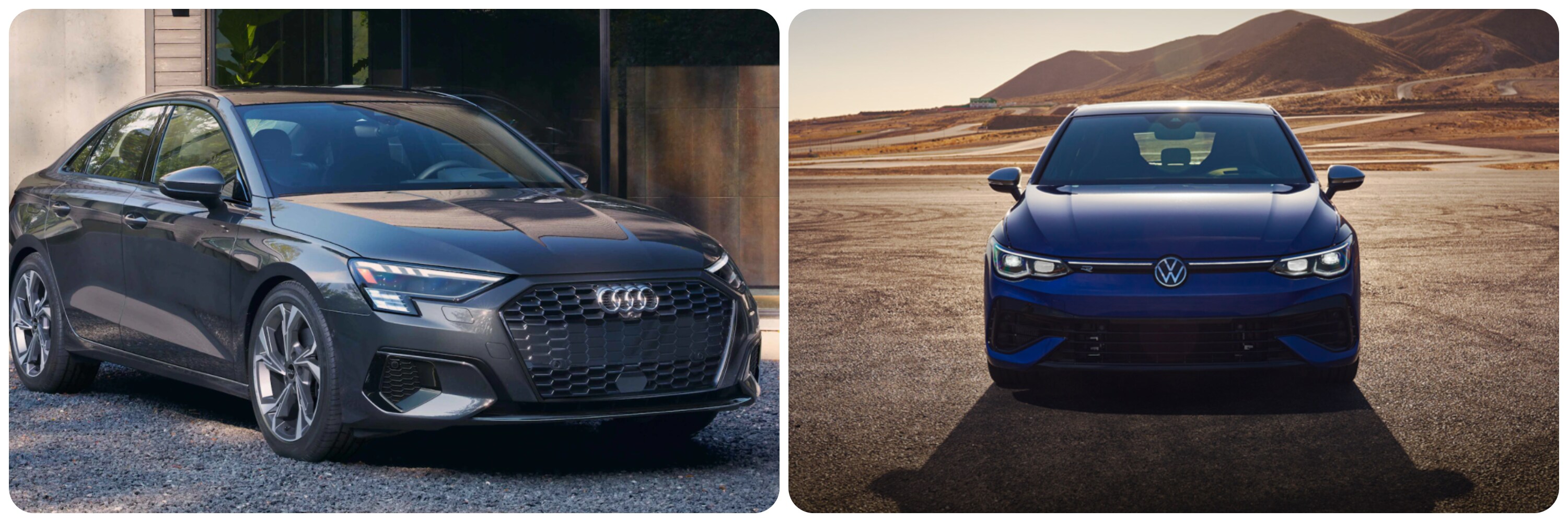 On the left a dark gray 2022 Audi A3 sits parked at an angle, showing off the grille and profile of the vehicle as it sits parked in a gravel driveway. On the right, a deep indigo 2022 Volkswagen Golf-R sits parked directly facing the viewer in a desert with rolling mountains in the background.