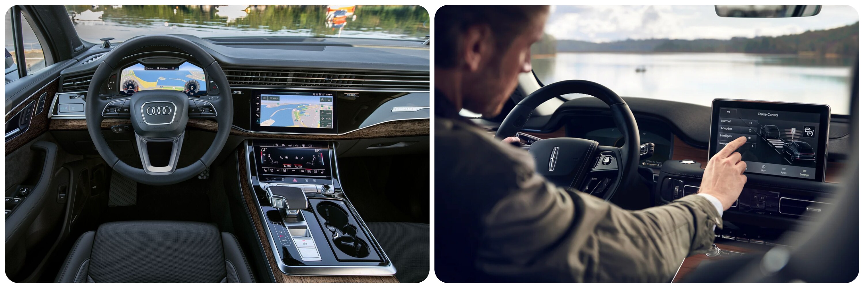 On the left a veiw of the digital dash and center console with burled woodgrain accents in the Audi Q7.  On the right, a man uses the touchscreen mounted to the top of the dash in a 2022 Lincoln Aviator