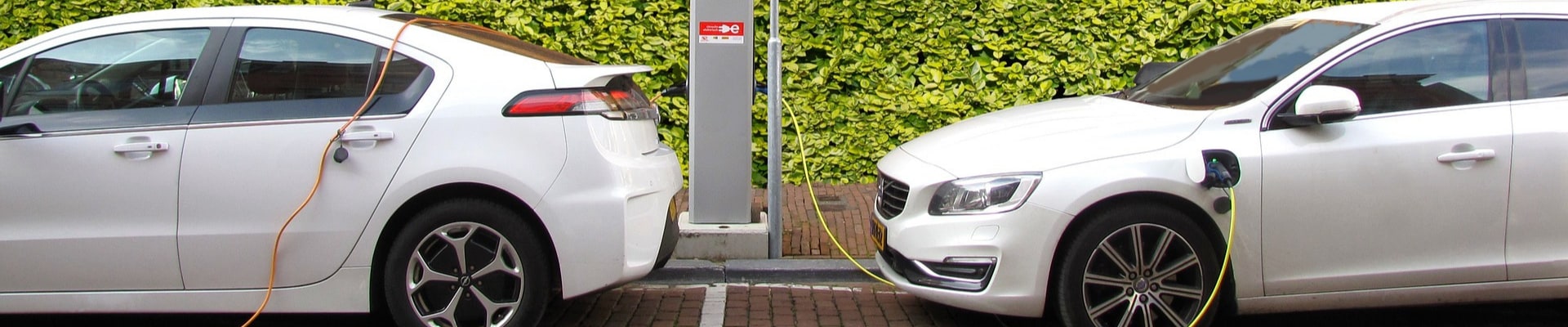 Two used plug-in hybrid cars parked side by side at a charging station