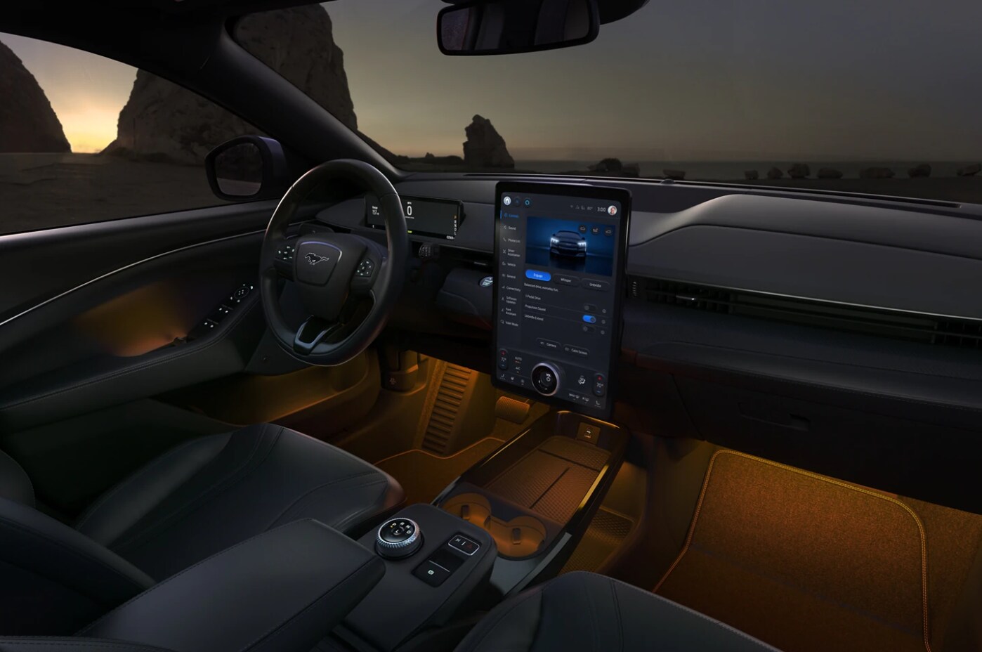 A view of the dash and infotainment system of a 2023 Ford Mustang Mach-E