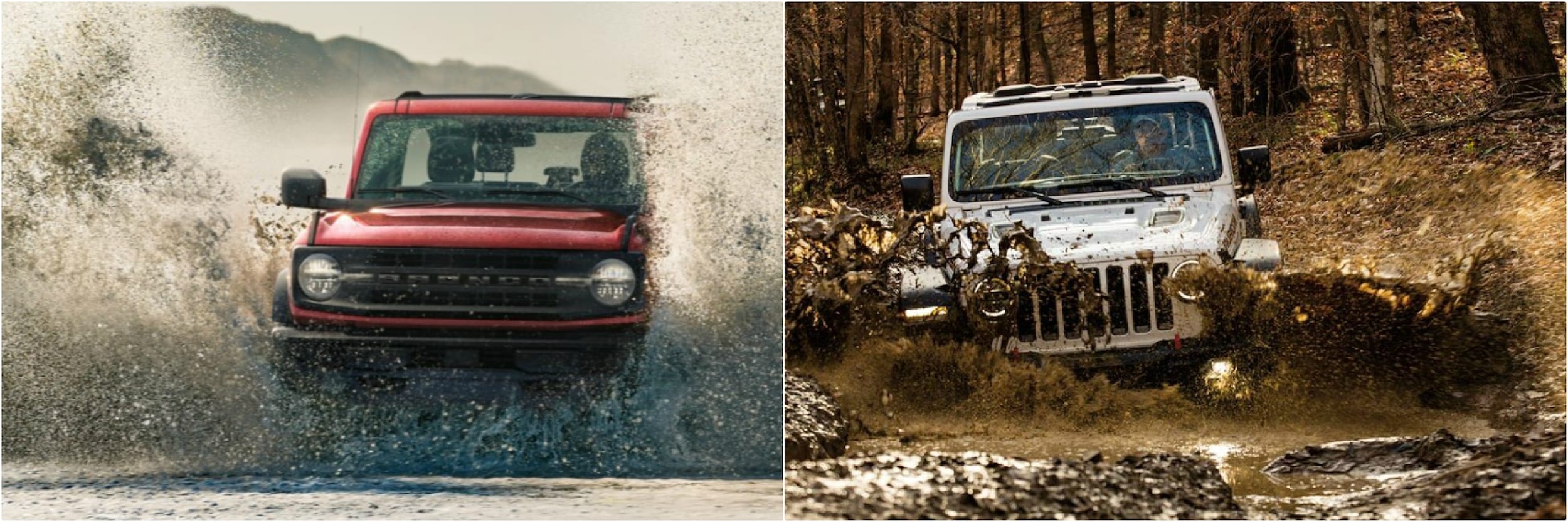 2021 Ford Bronco splashing threw water and a 2021 Jeep Wrangler splashing threw mud