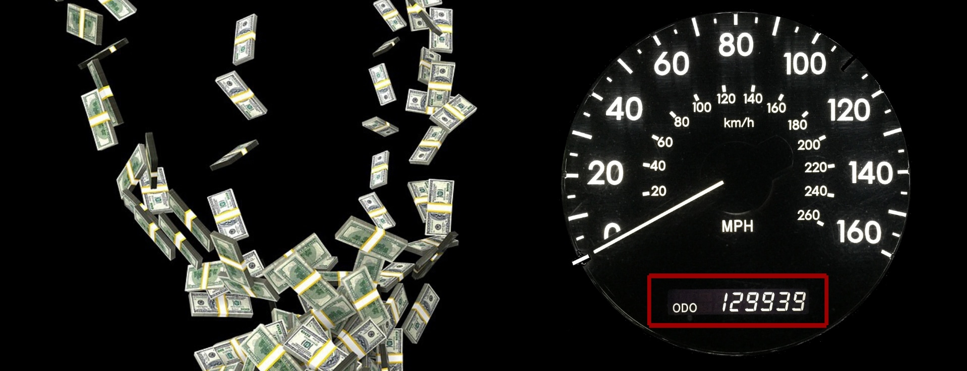 Dark image of a used car odometer showing high mileage with lots of cash falling