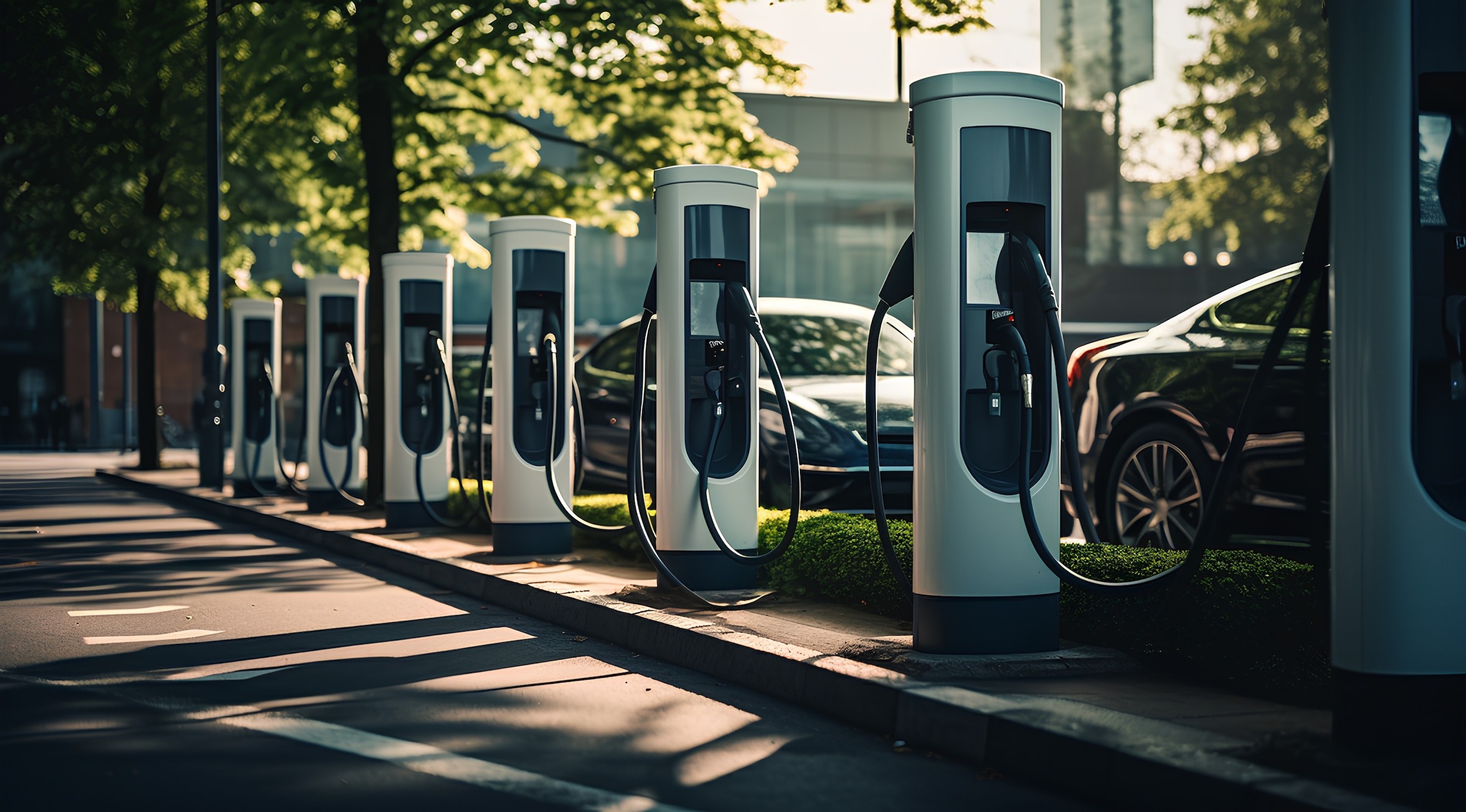 A line of EV chargers next to a city street.