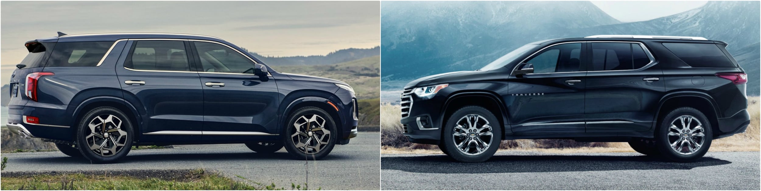 profile view and comparison of a 2021 Hyundai Palisade vs. Chevy Traverse