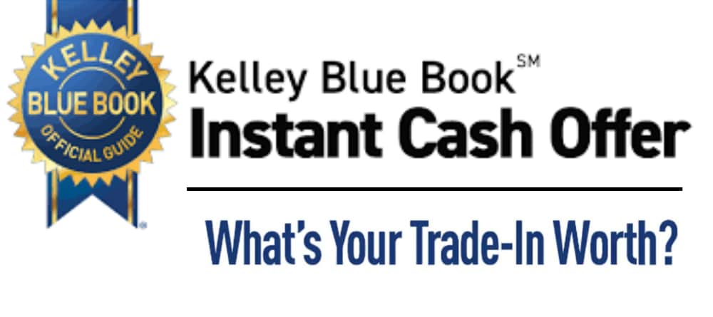 Kelley Blue Book logo with their instant cash offer and whats your trade worth tag lines