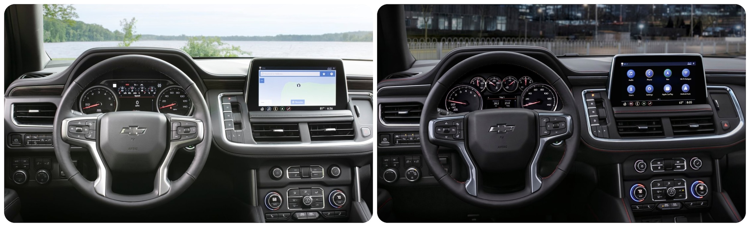 The interior of a Chevy Suburban on the left with the interior of a Chevy Tahoe pictured on the right.