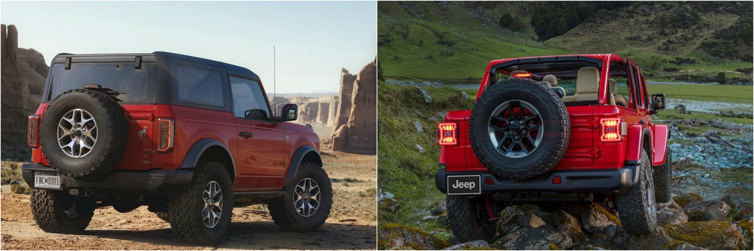 Back view comparison of a 2021 Ford Bronco vs. Jeep Wrangler